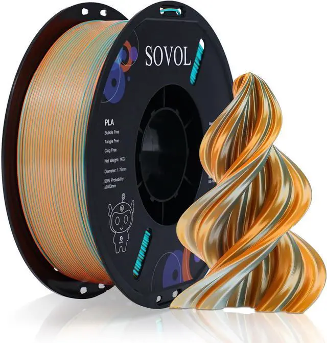 Main image of Sovol Dual Color PLA Filament 1.75mm, Silk PLA 3D Printing Material, Dual Color Filament Orange + Light Blue 2 in 1 Coextrusion PLA Filament +/-0.03mm, 1kg/2.2lbs