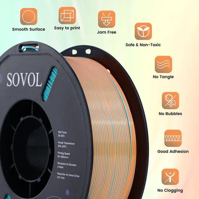 Alt view image 3 of 6 - Sovol Dual Color PLA Filament 1.75mm, Silk PLA 3D Printing Material, Dual Color Filament Orange + Light Blue 2 in 1 Coextrusion PLA Filament +/-0.03mm, 1kg/2.2lbs