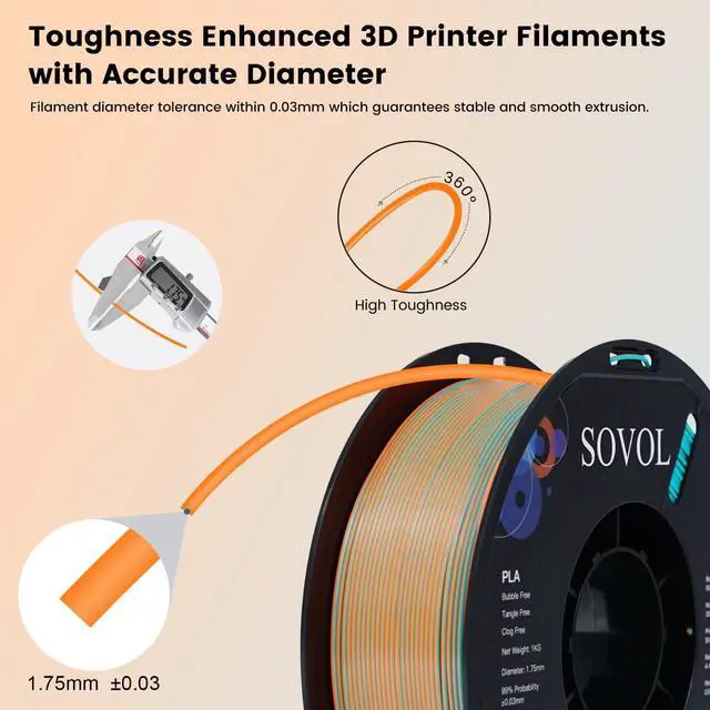 Alt view image 5 of 6 - Sovol Dual Color PLA Filament 1.75mm, Silk PLA 3D Printing Material, Dual Color Filament Orange + Light Blue 2 in 1 Coextrusion PLA Filament +/-0.03mm, 1kg/2.2lbs