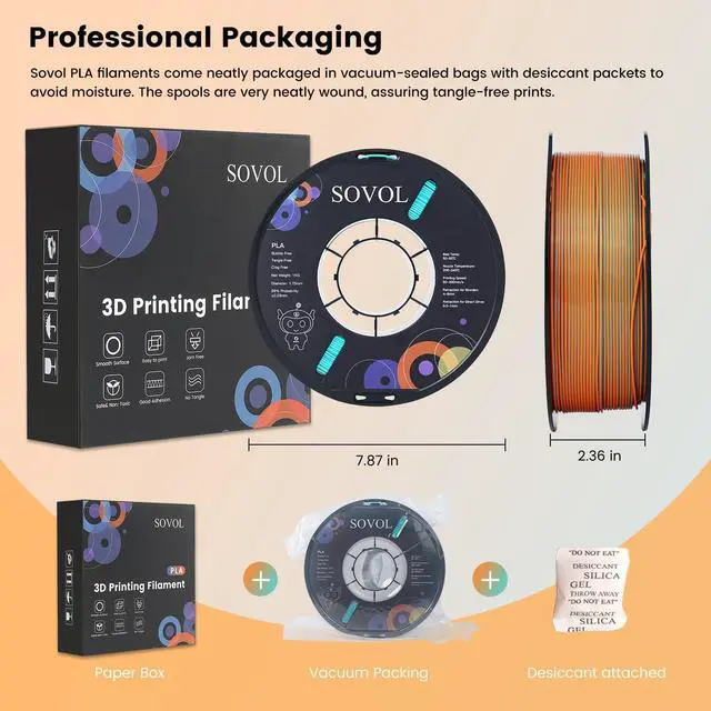 Alt view image 6 of 6 - Sovol Dual Color PLA Filament 1.75mm, Silk PLA 3D Printing Material, Dual Color Filament Orange + Light Blue 2 in 1 Coextrusion PLA Filament +/-0.03mm, 1kg/2.2lbs