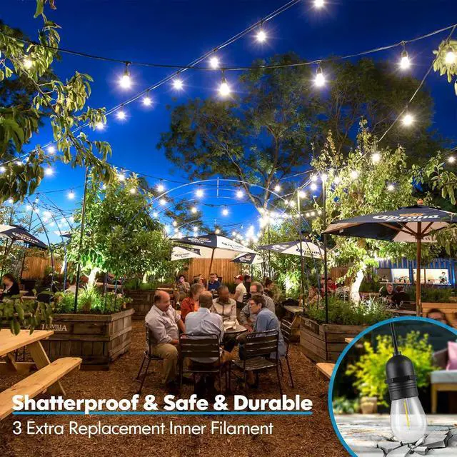 Alt view image 3 of 7 - Lakumu 2-Pack 96FT Outdoor String Lights with Waterproof Shatterproof Dimmable 5000K Daylight White E12 Filament S14 LED Bulbs for Backyard Hanging Lights Linkable Patio Light for Deck Bistro Pergola