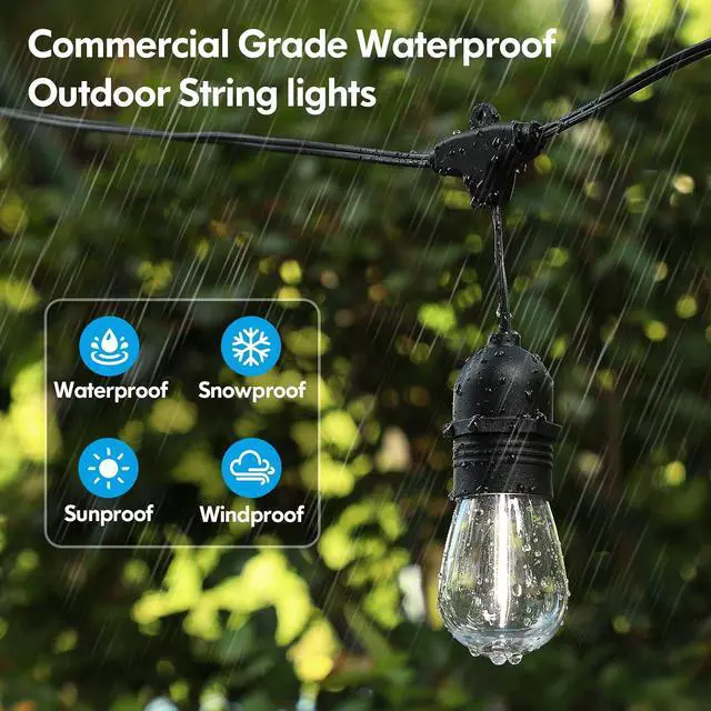Alt view image 2 of 7 - Lakumu 2-Pack 96FT Outdoor String Lights with Waterproof Shatterproof Dimmable 5000K Daylight White E12 Filament S14 LED Bulbs for Backyard Hanging Lights Linkable Patio Light for Deck Bistro Pergola