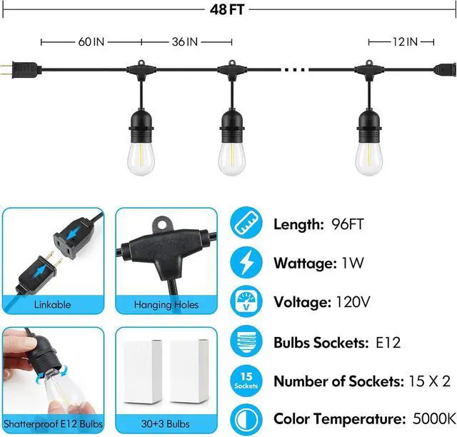 Alt view image 6 of 7 - Lakumu 2-Pack 96FT Outdoor String Lights with Waterproof Shatterproof Dimmable 5000K Daylight White E12 Filament S14 LED Bulbs for Backyard Hanging Lights Linkable Patio Light for Deck Bistro Pergola