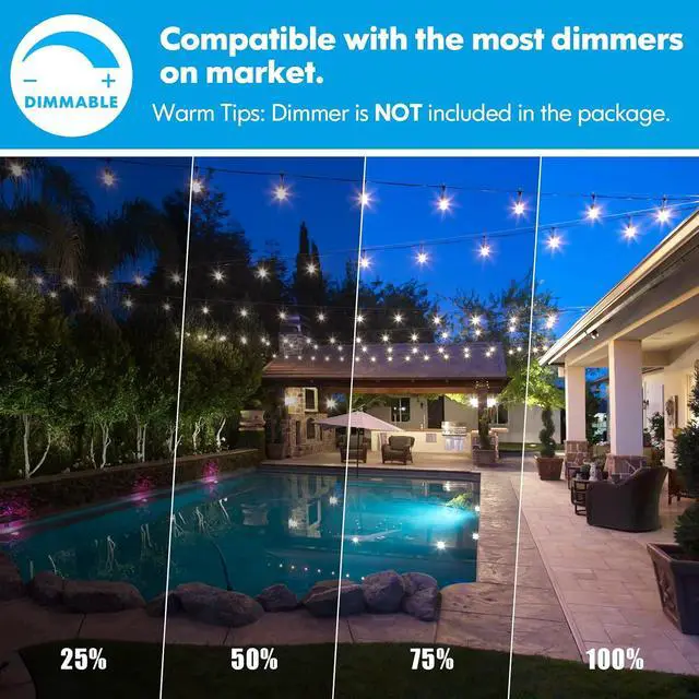 Alt view image 4 of 7 - Lakumu 2-Pack 96FT Outdoor String Lights with Waterproof Shatterproof Dimmable 5000K Daylight White E12 Filament S14 LED Bulbs for Backyard Hanging Lights Linkable Patio Light for Deck Bistro Pergola