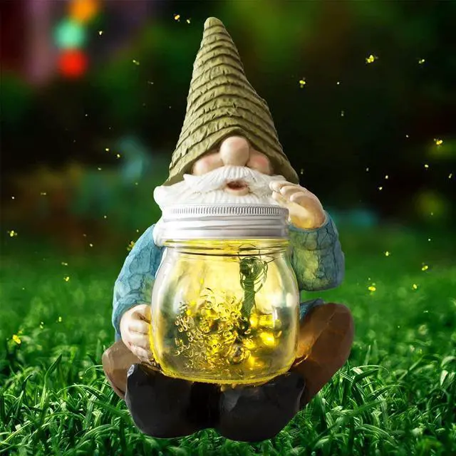 Main image of Solar Firefly Jar Gnome Resin LED Garden Statue | Waterproof hand-painted resin; flickering firefly LED lights; holiday gift for women mom grandma