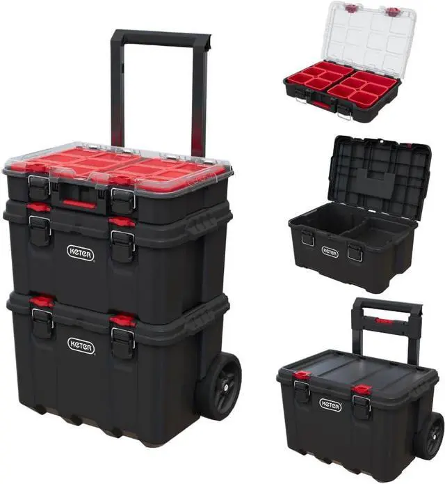 Main image of Keter Stack-n-Roll Modular Tools Organizer for Garage Storage and DIY, 3 Piece Resin Rolling Tool Box System for Small Parts, Black