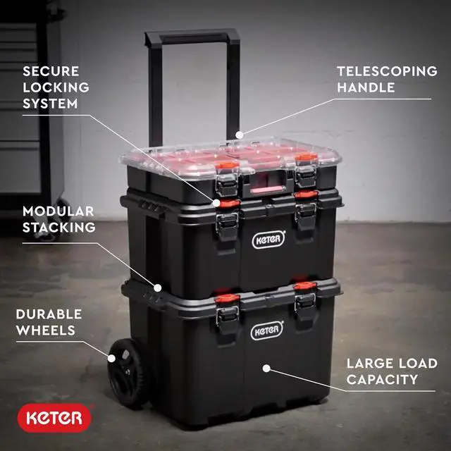 Alt view image 2 of 7 - Keter Stack-n-Roll Modular Tools Organizer for Garage Storage and DIY, 3 Piece Resin Rolling Tool Box System for Small Parts, Black