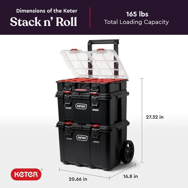 Alt view image 3 of 7 - Keter Stack-n-Roll Modular Tools Organizer for Garage Storage and DIY, 3 Piece Resin Rolling Tool Box System for Small Parts, Black