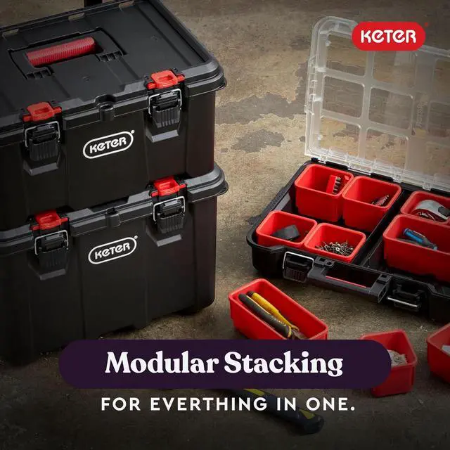 Alt view image 5 of 7 - Keter Stack-n-Roll Modular Tools Organizer for Garage Storage and DIY, 3 Piece Resin Rolling Tool Box System for Small Parts, Black