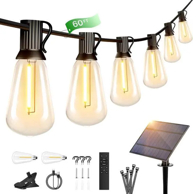 Main image of OHLUX 60FT Solar Globe String Lights Outdoor, Shatterproof Solar Patio Lights with Remote, 27 Dimmable LED Filament ST38 Bulbs, 2200K Soft Warm White Edison Hanging Light for Outside Canopy Deck