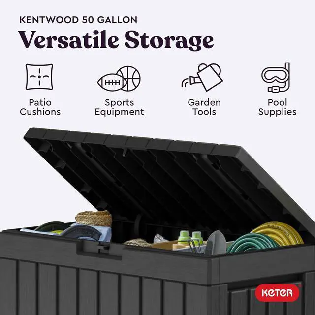 Alt view image 4 of 7 - Keter Kentwood 50 Gallon Resin Deck Box-Organization and Storage for Patio Cushions, Throw Pillows and Garden Tools, Dark Grey