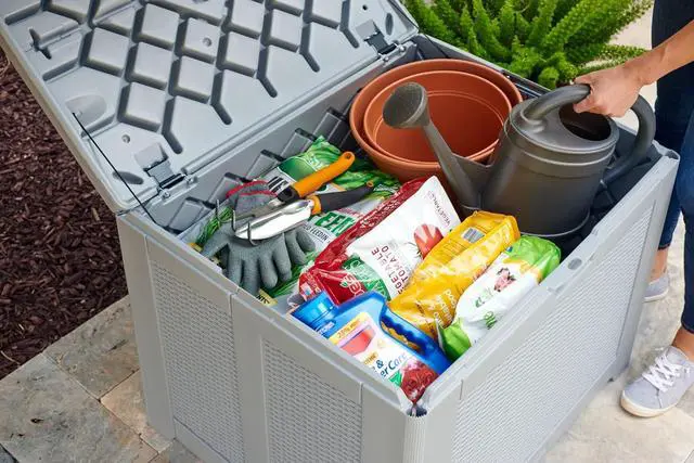 Alt view image 2 of 6 - Rubbermaid Medium Resin Outdoor Storage Deck Box (74 Gal) Weather Resistant Gray Deck Organization for Home/Backyard/Pool Chemicals/Toys/Garden Tools/Porch/Patio Cushions