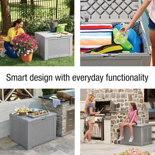 Alt view image 4 of 6 - Rubbermaid Medium Resin Outdoor Storage Deck Box (74 Gal) Weather Resistant Gray Deck Organization for Home/Backyard/Pool Chemicals/Toys/Garden Tools/Porch/Patio Cushions