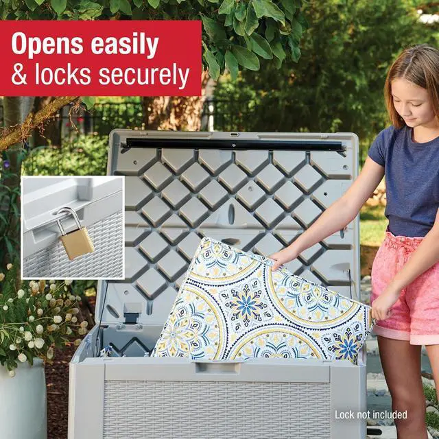 Alt view image 5 of 6 - Rubbermaid Medium Resin Outdoor Storage Deck Box (74 Gal) Weather Resistant Gray Deck Organization for Home/Backyard/Pool Chemicals/Toys/Garden Tools/Porch/Patio Cushions