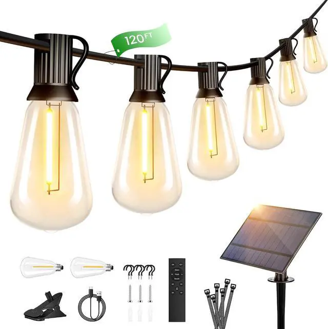 Main image of OHLUX 120FT Solar String Lights Outdoor with Remote, 2200K Soft Warm Patio Lights with 52 Shatterproof Tear-Drop LED Filament ST38 Bulbs, Dimmable Outside Edison Hanging Light for Backyard Deck Roof