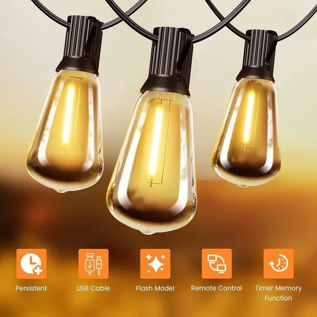 Alt view image 3 of 7 - OHLUX 120FT Solar String Lights Outdoor with Remote, 2200K Soft Warm Patio Lights with 52 Shatterproof Tear-Drop LED Filament ST38 Bulbs, Dimmable Outside Edison Hanging Light for Backyard Deck Roof