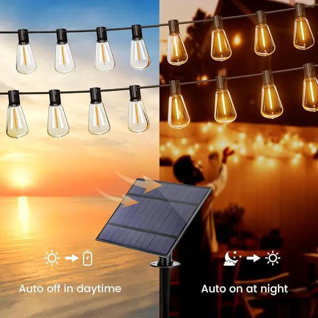 Alt view image 4 of 7 - OHLUX 120FT Solar String Lights Outdoor with Remote, 2200K Soft Warm Patio Lights with 52 Shatterproof Tear-Drop LED Filament ST38 Bulbs, Dimmable Outside Edison Hanging Light for Backyard Deck Roof