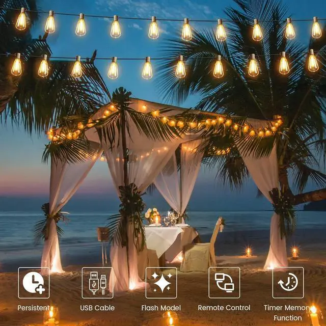 Alt view image 7 of 7 - OHLUX 120FT Solar String Lights Outdoor with Remote, 2200K Soft Warm Patio Lights with 52 Shatterproof Tear-Drop LED Filament ST38 Bulbs, Dimmable Outside Edison Hanging Light for Backyard Deck Roof
