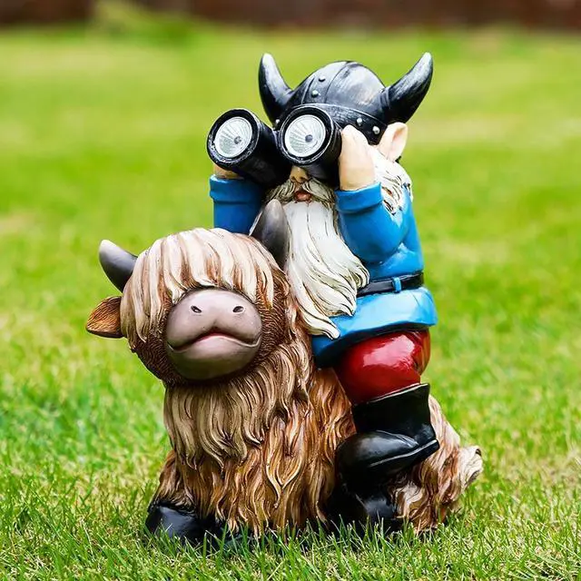 Main image of Joint Honglin Solar Garden Statues Resin Gnome Sitting on Highland Cow Outdoor Telescope Gnome Decorations Yard Ornament for Patio Lawn Balcony, Unique Housewarming Birthday Gifts for Mom Dad