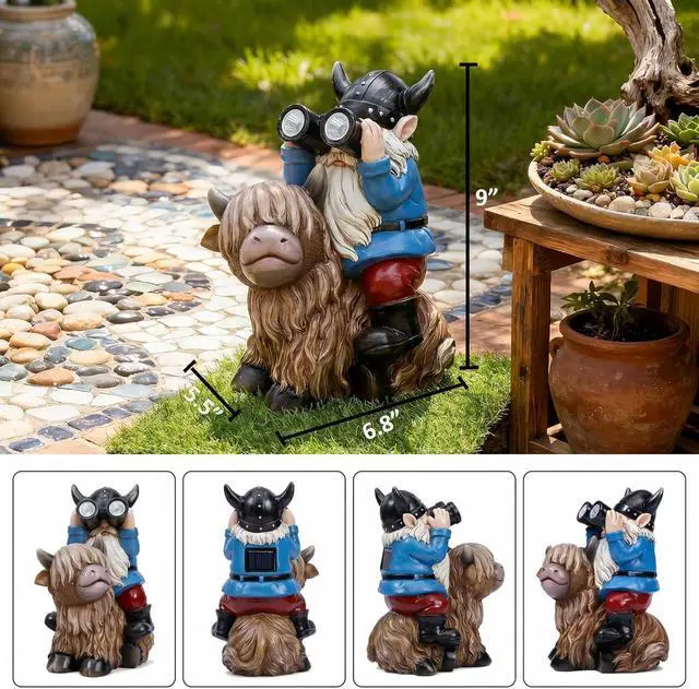 Alt view image 2 of 7 - Joint Honglin Solar Garden Statues Resin Gnome Sitting on Highland Cow Outdoor Telescope Gnome Decorations Yard Ornament for Patio Lawn Balcony, Unique Housewarming Birthday Gifts for Mom Dad