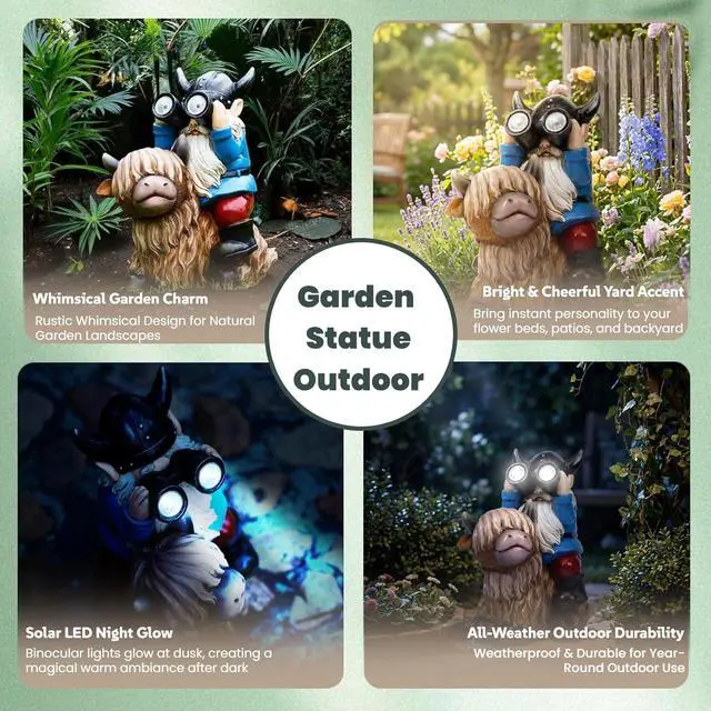 Alt view image 3 of 7 - Joint Honglin Solar Garden Statues Resin Gnome Sitting on Highland Cow Outdoor Telescope Gnome Decorations Yard Ornament for Patio Lawn Balcony, Unique Housewarming Birthday Gifts for Mom Dad