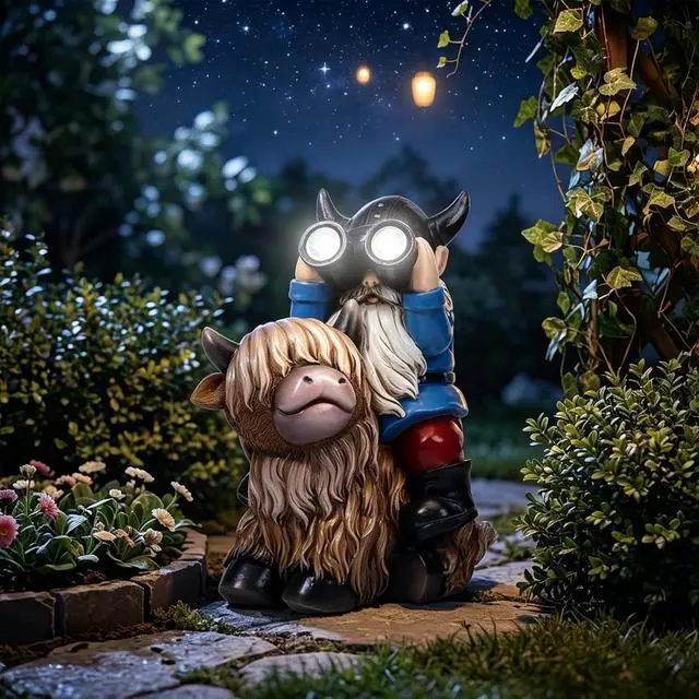 Alt view image 4 of 7 - Joint Honglin Solar Garden Statues Resin Gnome Sitting on Highland Cow Outdoor Telescope Gnome Decorations Yard Ornament for Patio Lawn Balcony, Unique Housewarming Birthday Gifts for Mom Dad