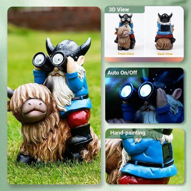 Alt view image 7 of 7 - Joint Honglin Solar Garden Statues Resin Gnome Sitting on Highland Cow Outdoor Telescope Gnome Decorations Yard Ornament for Patio Lawn Balcony, Unique Housewarming Birthday Gifts for Mom Dad