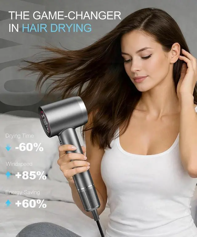Alt view image 4 of 7 - Cosy Companions Hair Dryer - Negative Ionic Blow Dryer with 150000 RPM High Speed Brushless Motor for Fast Drying, Low Noise, HD Display Hair Dryer with Diffuser and Nozzle, 5 Temps & 2 Speeds