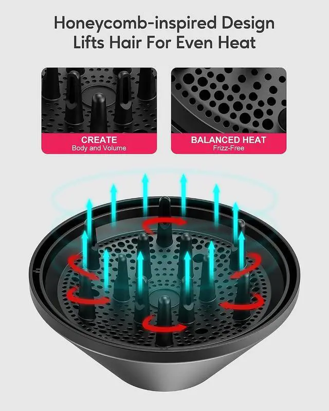 Alt view image 3 of 7 - Farery Ionic Hair Dryer - Honeycomb Diffuser for Curly Hair & Even Lift, 1400W & 110,000 RPM for Ultra-Fast Drying, Frizz Control, 4 Heat & 4 Speed Settings, Magnetic Nozzle, HD Display