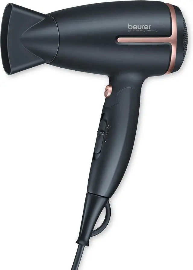 Main image of Beurer HC25 Ionic Hair Dryer for Travel with Voltage Switch 1600W Anti Frizz Blow Dryer, Foldable Handle, Lightweight Styler, Nozzle Attachment, Black and Rose Gold