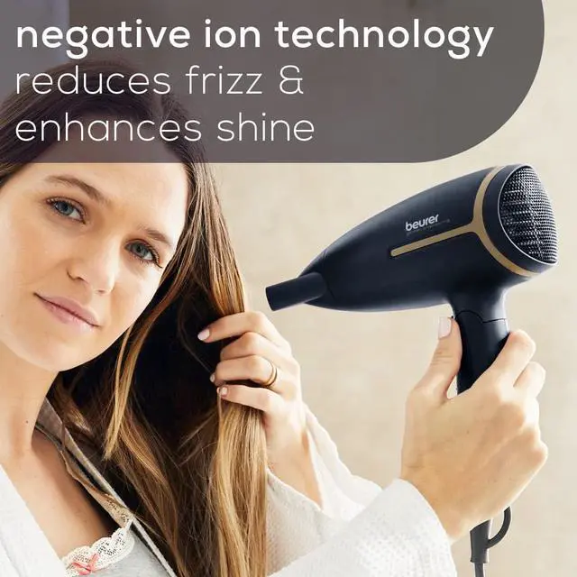 Alt view image 4 of 7 - Beurer HC25 Ionic Hair Dryer for Travel with Voltage Switch 1600W Anti Frizz Blow Dryer, Foldable Handle, Lightweight Styler, Nozzle Attachment, Black and Rose Gold
