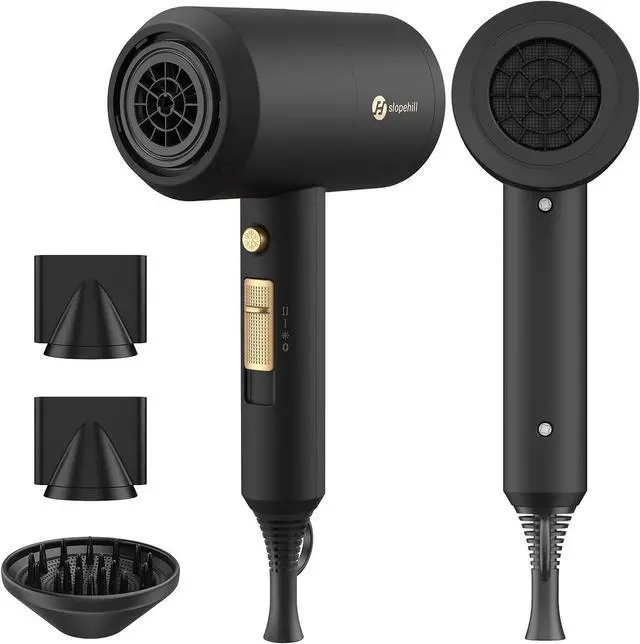 Main image of slopehill Professional Ionic Hair Dryer, Powerful 1800W Fast Drying Low Noise Blow Dryer with 2 Concentrator Nozzle 1 Diffuser Attachments for Home Salon Travel (Black)