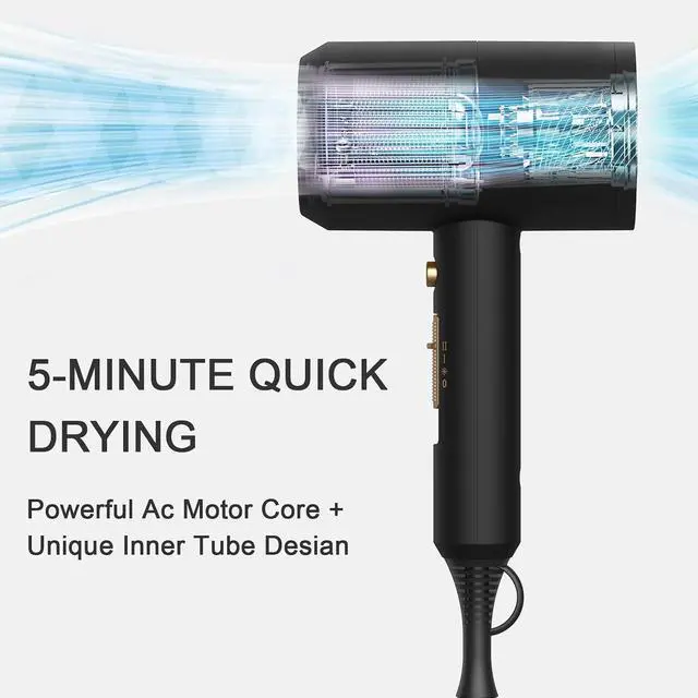 Alt view image 2 of 6 - slopehill Professional Ionic Hair Dryer, Powerful 1800W Fast Drying Low Noise Blow Dryer with 2 Concentrator Nozzle 1 Diffuser Attachments for Home Salon Travel (Black)