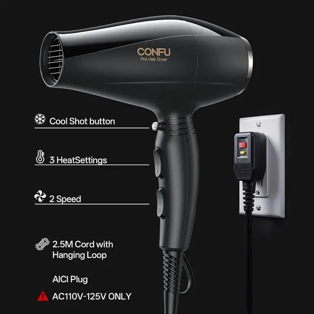 Alt view image 2 of 7 - Professional Salon Hair Dryer, CONFU 1875 Watt Negative Ionic Fast Drying Blow Dryer, AC Motor Low Noise Hair Blow Dryer with Diffuser & 2 Concentrator Nozzles