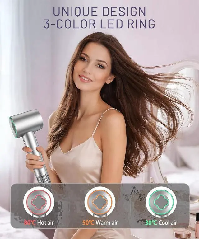 Alt view image 4 of 7 - Cosy Companions High-Speed Ionic Hair Dryer, 150000 RPM Brushless Motor for 2-5Min Fast Drying, Low Noise Blow Dryer Reduces Frizz & Heat Damage, Lightweight Hair Dryer with Diffuser & Nozzle, Silvery