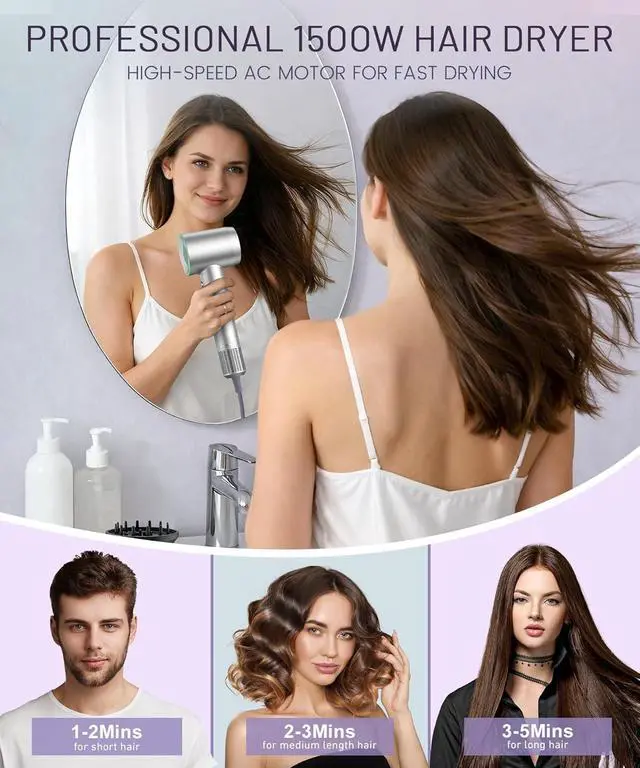 Alt view image 5 of 7 - Cosy Companions High-Speed Ionic Hair Dryer, 150000 RPM Brushless Motor for 2-5Min Fast Drying, Low Noise Blow Dryer Reduces Frizz & Heat Damage, Lightweight Hair Dryer with Diffuser & Nozzle, Silvery