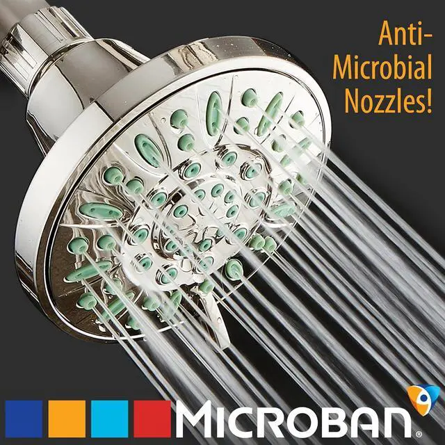Alt view image 2 of 7 - AquaDance Antimicrobial/Anti-Clog High-Pressure 6-setting Shower Head, Microban Nozzle Protection from Growth of Mold, Mildew & Bacteria for Stronger Shower! (Brushed Nickel Finish/Coral Green Jets)