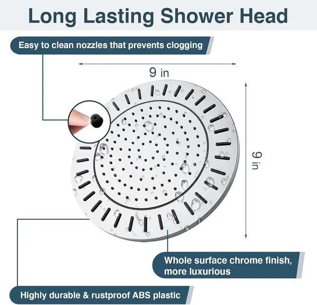 Alt view image 2 of 7 - BRIGHT SHOWERS Rain Shower Head, 9 Inch High Pressure Waterfall Showerhead with Adjustable Angle and Anti-clogging Silicone Nozzles, Luxury Bathroom Overhead Shower, Chrome