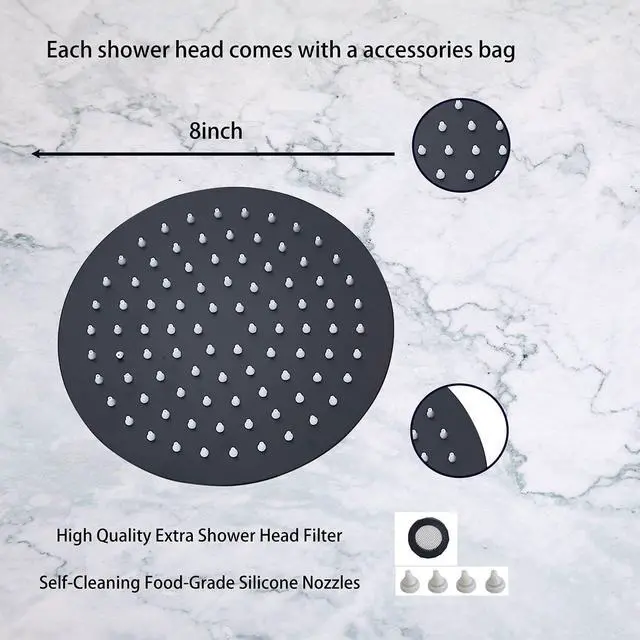 Alt view image 3 of 6 - 8 inch Round Matte Black Rain Shower head Stainless Steel High Pressure Shower Head Ultra Thin Rainfall Bath Shower Self-cleaning Silicon Nozzle Black Shower Head