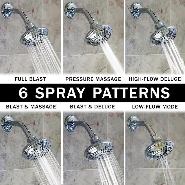 Alt view image 2 of 7 - Aqua Elegante 6 Function Luxury Shower Head - High Pressure Boosting, Adjustable Wall Mount, Bathroom Showerhead With Anti-Clog Nozzles For Low Flow Showers - 2.5 GPM - Polished Chrome