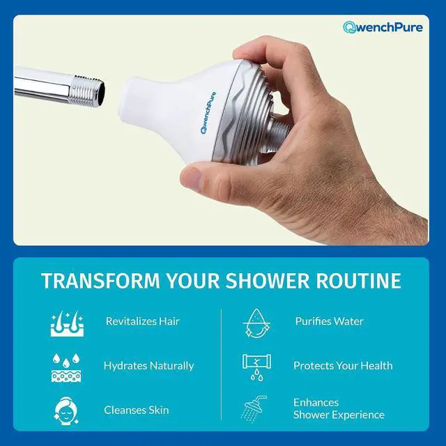Alt view image 5 of 7 - QwenchPure Shower Filter for Chlorine High Output, 100% KDF-55, Removes Chlorine & Contaminants, Softens & Purifies Hard Water, Improves Skin & Hair, Easy Installation, Made for Hot Water