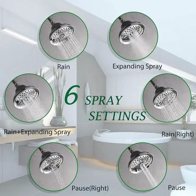 Alt view image 2 of 7 - Rainovo 6 Spray Settings High Pressure Shower Head 5" Rain Fixed Showerhead - Chrome Adjustable Shower Head with Anti-Clogging Nozzles, Low Flow Easily Installation (RN-AU055003CP)