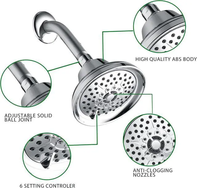Alt view image 3 of 7 - Rainovo 6 Spray Settings High Pressure Shower Head 5" Rain Fixed Showerhead - Chrome Adjustable Shower Head with Anti-Clogging Nozzles, Low Flow Easily Installation (RN-AU055003CP)