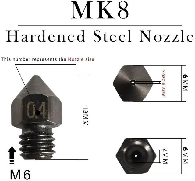 Alt view image 2 of 7 - MK8 Nozzles Hardened Steel 3D Printer Extruders Nozzles 0.4mm/ 1.75 mm High Temperature Wear Resistant Compatible with DIY Tools and A Ten-Grid Parts Box for CR-8/ CR-10/ Ender 3/ Ender 3S /5/6