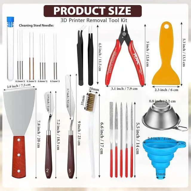 Alt view image 2 of 7 - 25 Pcs 3D Printer Tools Kit Nozzle Cleaning Kit Include Remove Putty Knife 2 Scrapers, 2 Brushes, Shovel, 5 Diamond Files, 2 Tweezers, 10 Needles, Pliers, Funnel for 3D Printing Model Building