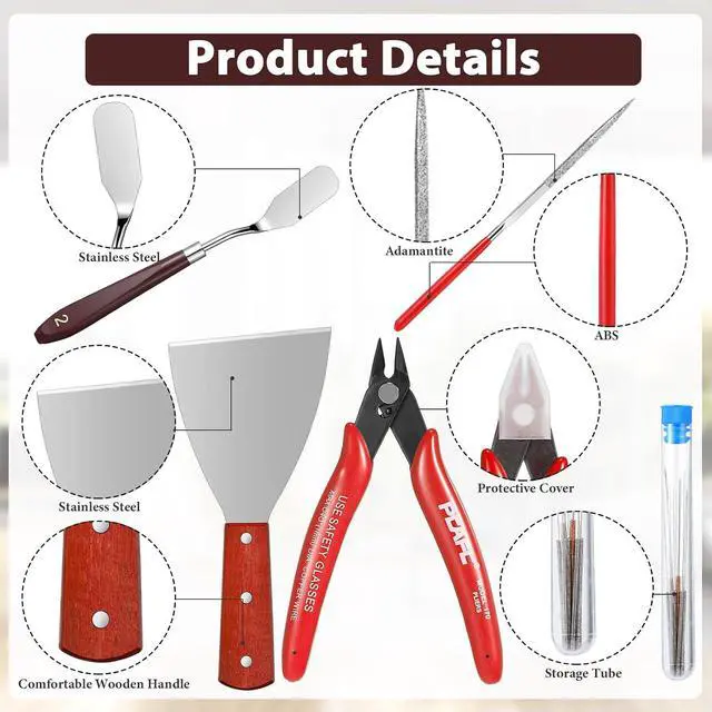 Alt view image 5 of 7 - 25 Pcs 3D Printer Tools Kit Nozzle Cleaning Kit Include Remove Putty Knife 2 Scrapers, 2 Brushes, Shovel, 5 Diamond Files, 2 Tweezers, 10 Needles, Pliers, Funnel for 3D Printing Model Building