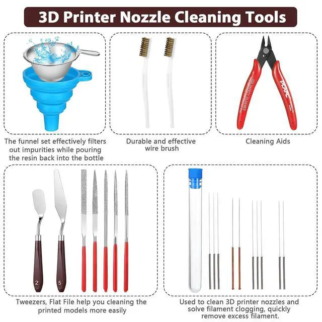 Alt view image 6 of 7 - 25 Pcs 3D Printer Tools Kit Nozzle Cleaning Kit Include Remove Putty Knife 2 Scrapers, 2 Brushes, Shovel, 5 Diamond Files, 2 Tweezers, 10 Needles, Pliers, Funnel for 3D Printing Model Building