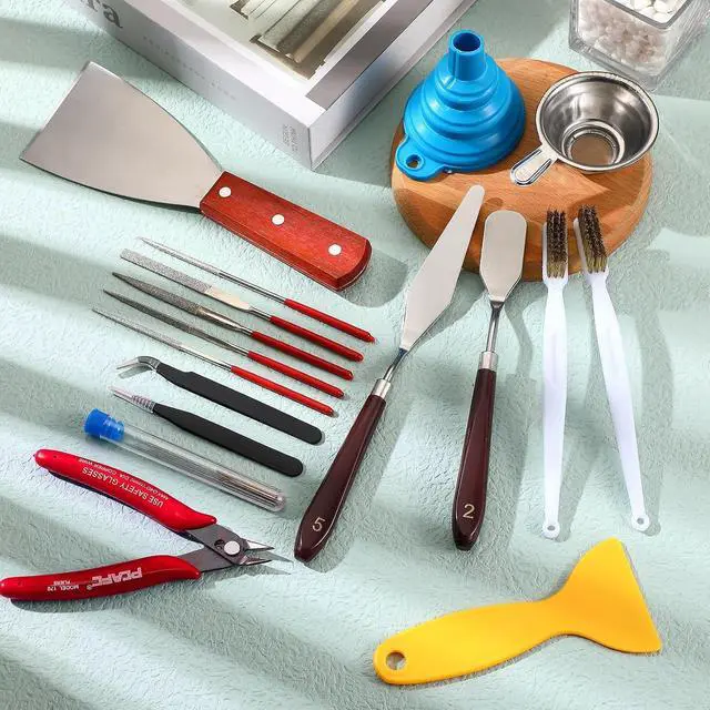 Alt view image 4 of 7 - 25 Pcs 3D Printer Tools Kit Nozzle Cleaning Kit Include Remove Putty Knife 2 Scrapers, 2 Brushes, Shovel, 5 Diamond Files, 2 Tweezers, 10 Needles, Pliers, Funnel for 3D Printing Model Building