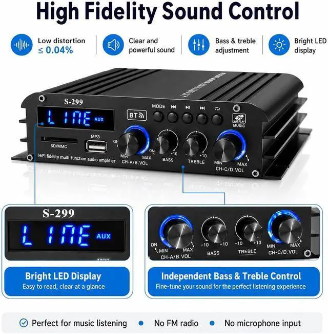Alt view image 5 of 7 - Romicta 4.1 Channel Home Audio Amplifier Receiver, Bluetooth 5.0 Mini Amp with Subwoofer Output, RMS 4x50W MAX 800W for Home Theater/Car- USB/SD/AUX Input, for Passive Speakers and Active subwoofer