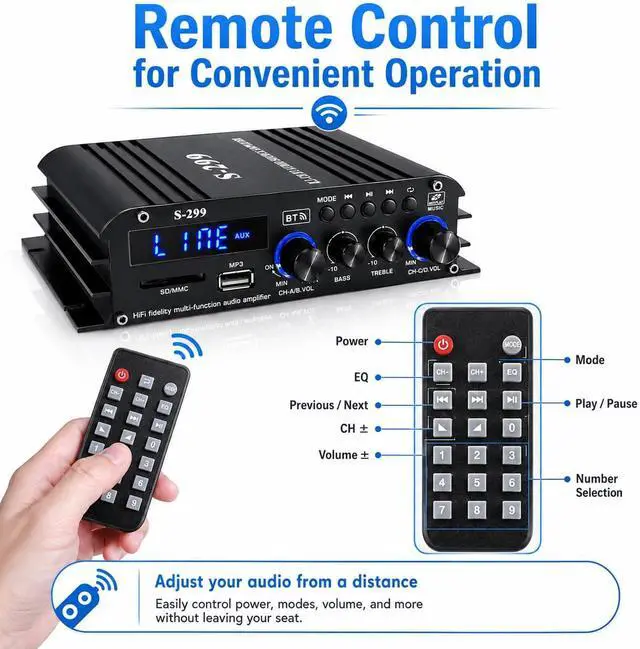 Alt view image 7 of 7 - Romicta 4.1 Channel Home Audio Amplifier Receiver, Bluetooth 5.0 Mini Amp with Subwoofer Output, RMS 4x50W MAX 800W for Home Theater/Car- USB/SD/AUX Input, for Passive Speakers and Active subwoofer